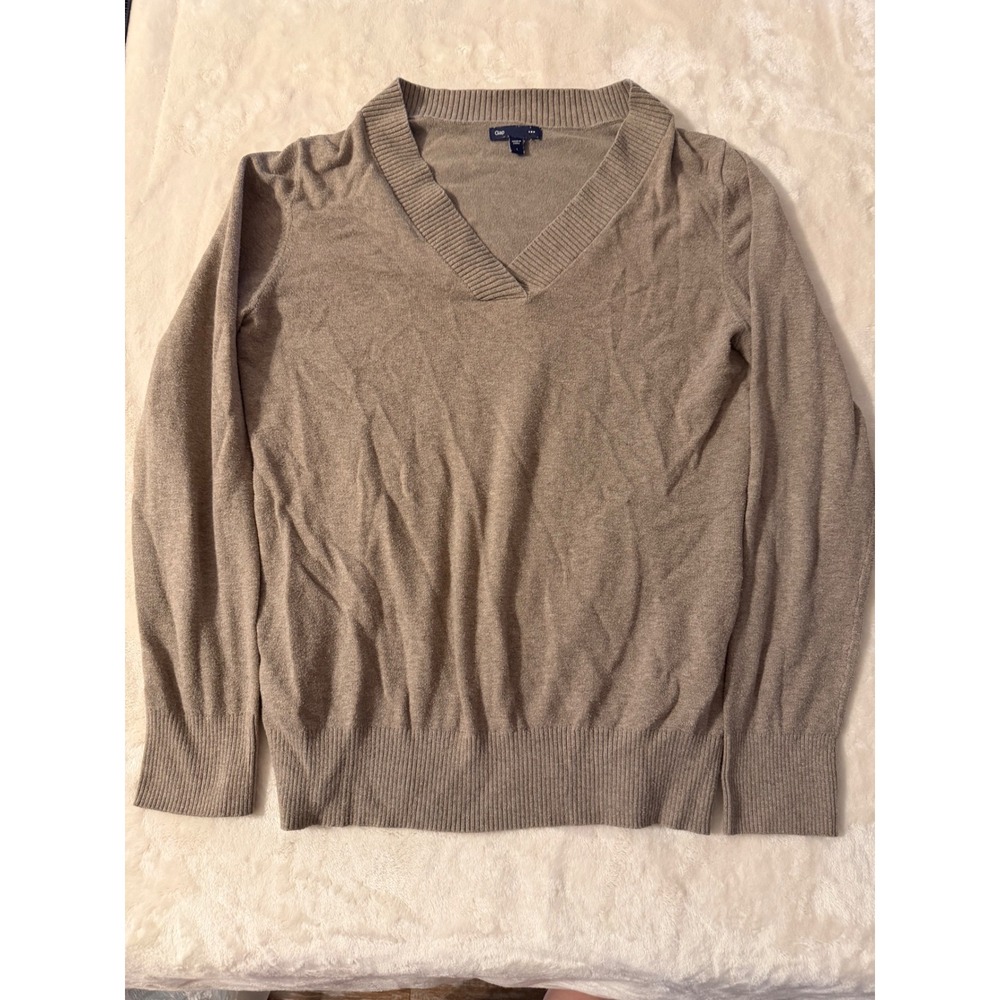 Gap Womens Tan V-Neck Long Sleeve Ribbed Trim Knit Sweater Size Large
